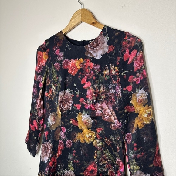 Adam Lippes Black Floral Printed Silk Georgette Skater Dress Size 4 - Picture 3 of 9